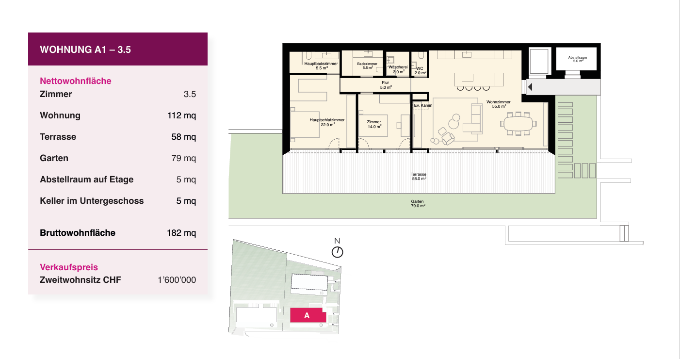 Grundriss einer Wohnung A1-3.5 mit Terrasse und Garten